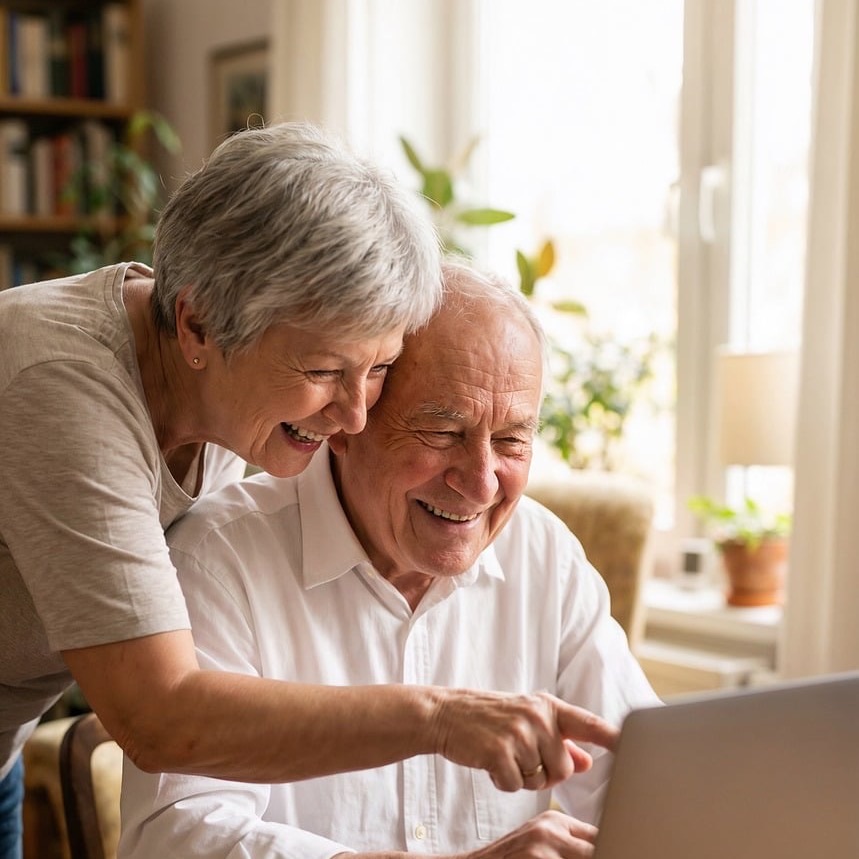 Eine ältere Frau zeigt ihrem lachenden Mann etwas am Laptop